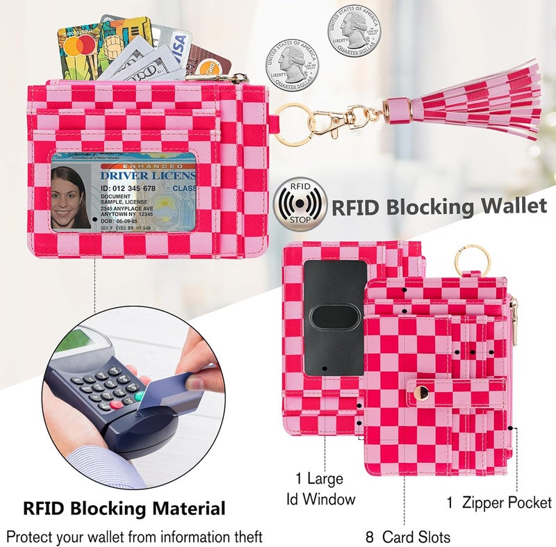 KNGITRYI Small Wristlet Wallets for Women RFID Credit Card Holder Wallet Keychain Wristlet Wallet Credit Card Wallets for Women (checkered pink) - Image 3